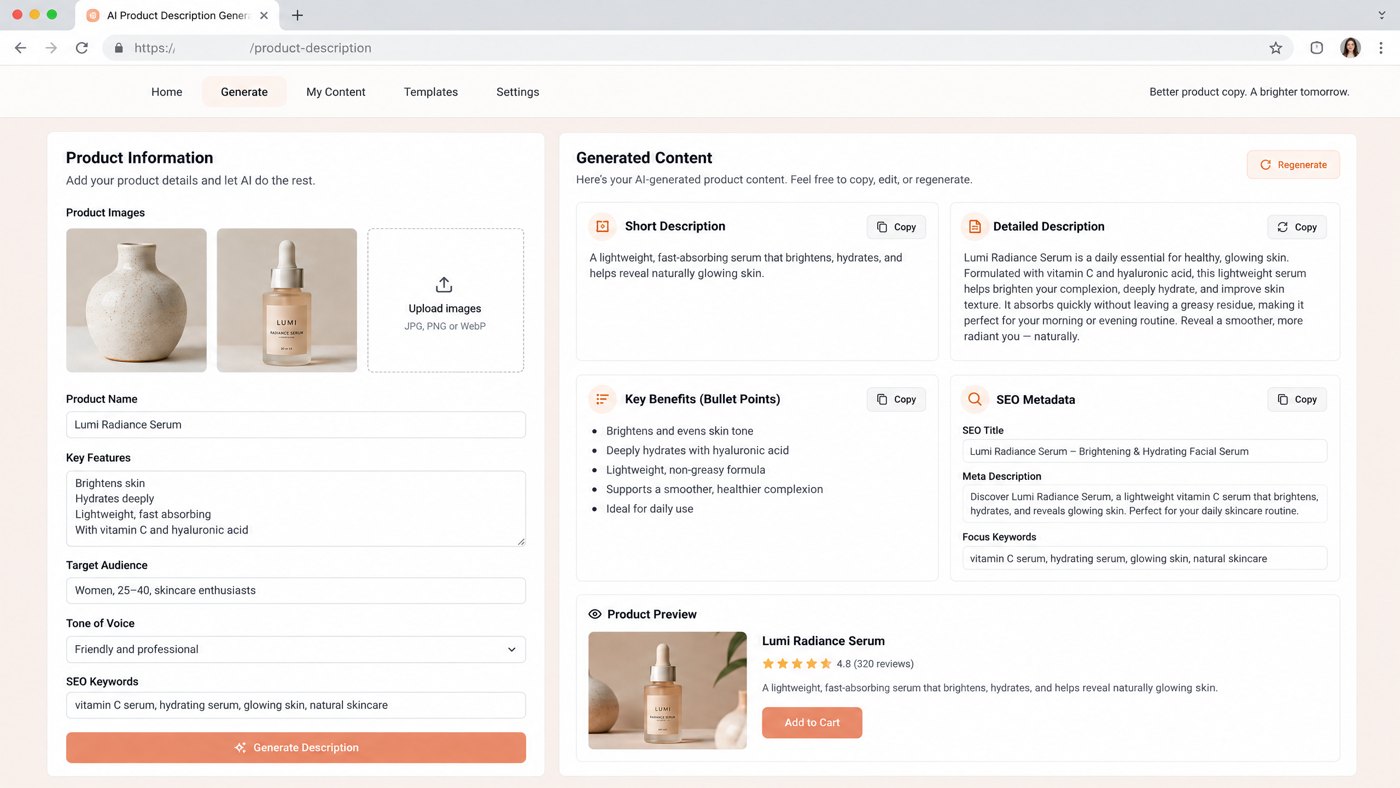 Screenshot of an AI tool generating product descriptions and SEO metadata