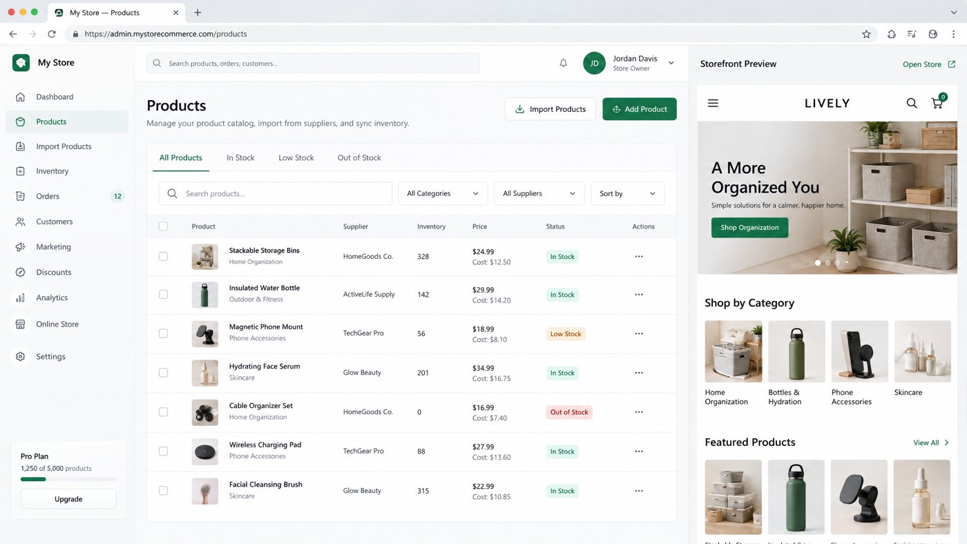 Screenshot of a BigCommerce product catalog with a storefront preview