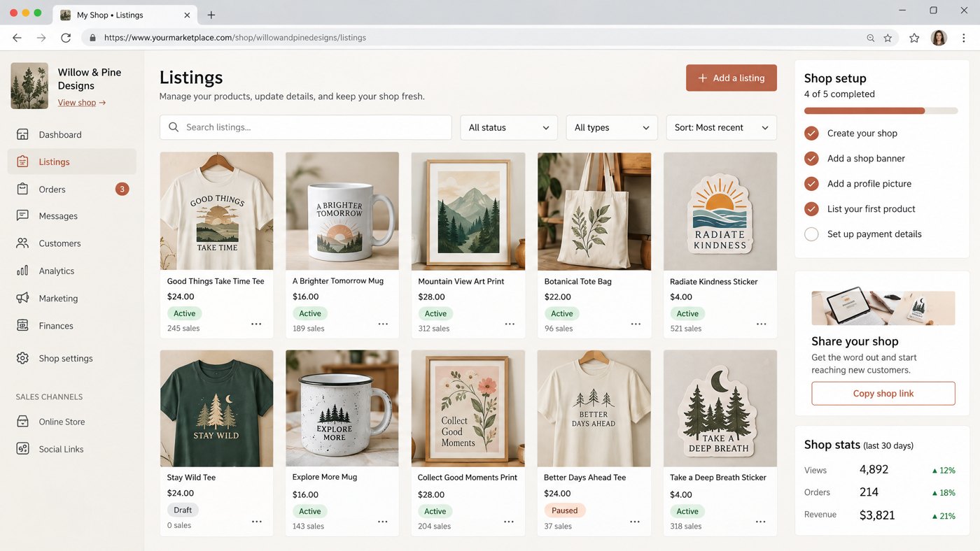 Screenshot of an Etsy shop listings page with print-on-demand t-shirts and mugs