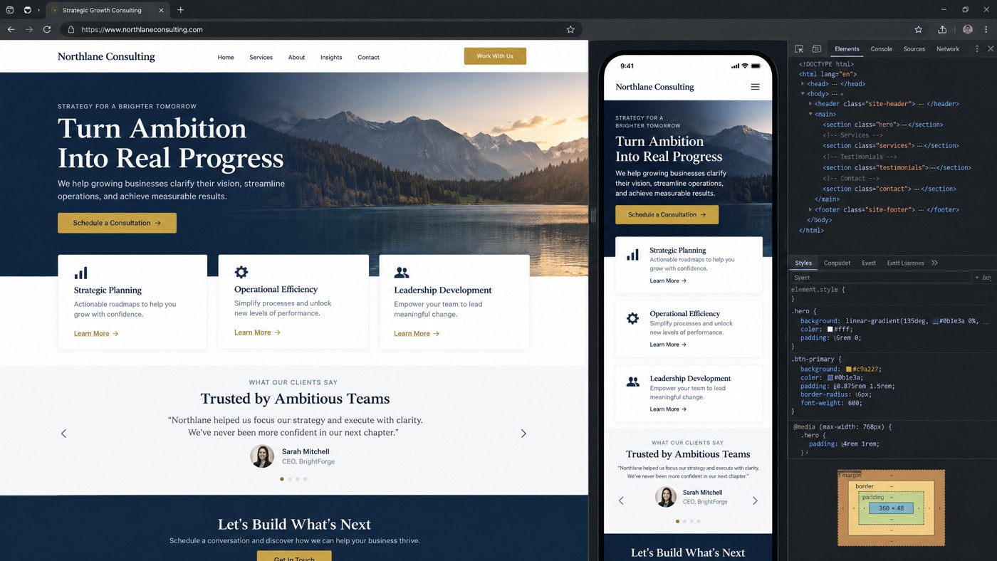 Screenshot of a business landing page on desktop and mobile with developer tools open